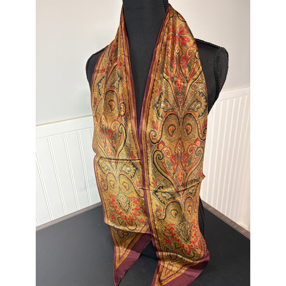 Club 7 Echo Silk Scarf Burgundy Gold Red Paisley‎ Print Oblong Lightweight 64x7